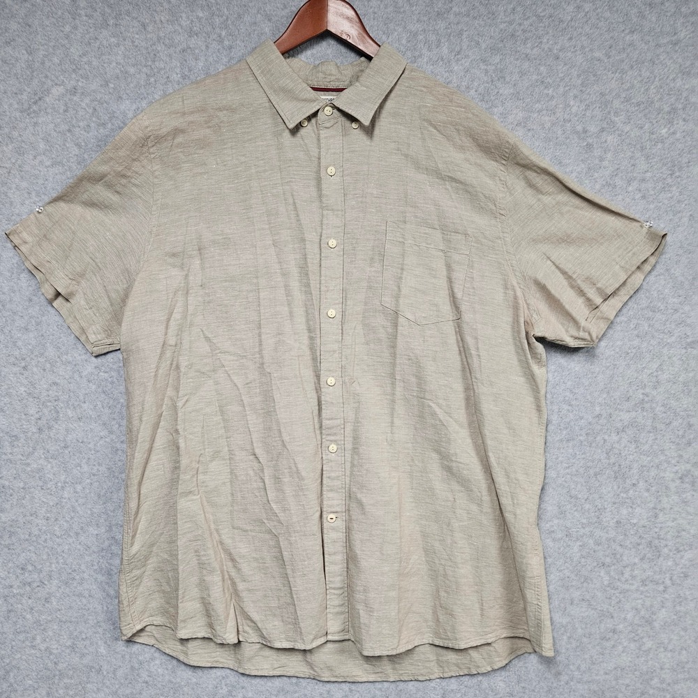 Goodthreads Button Down Men XXL Tan Standard Fit Linen Blend Short Sleeve Casual